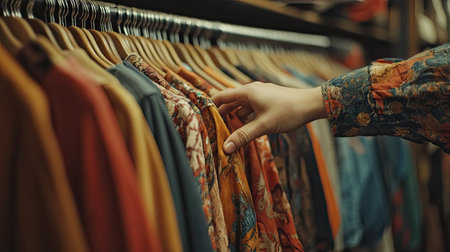 A person browsing through a clothing rack at a boutique, their hand skimming through different textured fabrics of shirts and blouses.の素材