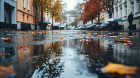 A street covered in puddles as raindrops ripple the water, with umbrellas dotting the scene under the cloudy sky.の素材