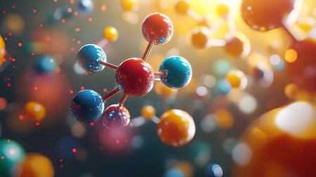 A vibrant, multicolored molecular model floating in mid-air, symbolizing chemical bonds in an abstract scientific visualization.の素材