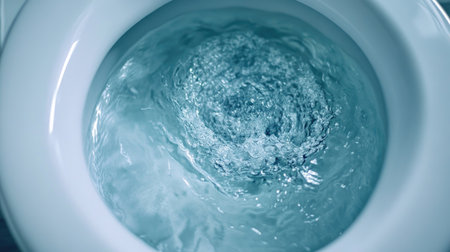 A close-up of a ceramic toilet bowl flushing, with water swirling in the bowl, emphasizing the cleanliness and efficiency of the system.の素材