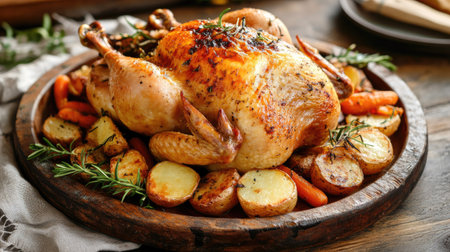 A succulent whole roasted chicken with a crispy skin, served alongside roasted potatoes and carrots on a rustic platter.の素材