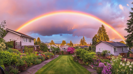 A rainbow framing a suburban neighborhood, with colorful houses and gardens glowing under the vibrant sky after a fresh rain.の素材