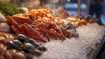 A large display of fresh crabs, lobster, and clams in a market, with ice and seaweed adding to the coastal atmosphere.の素材