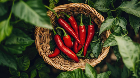 A handful of organic red chili peppers freshly harvested from a garden, lying in a woven basket with green leaves peeking through.の素材