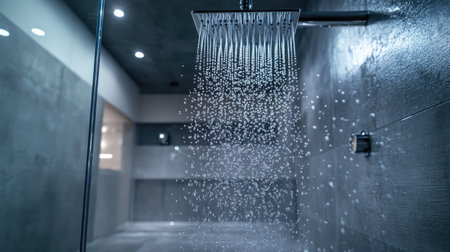 A high-pressure shower head in a modern shower stall, with water droplets splashing and reflecting light in a glass-enclosed space.の素材