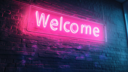 A neon-style "Welcome" sign glowing brightly against a dark brick wall, with vibrant pink and blue hues casting reflections on the textured surface.の素材