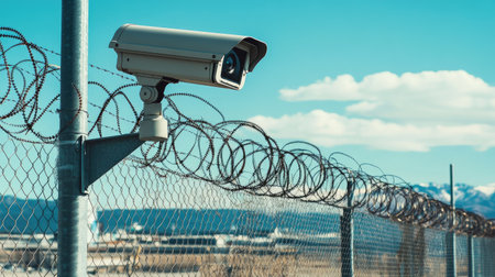 A large outdoor surveillance camera attached to a metal pole, monitoring the perimeter of an industrial facility with barbed wire fences.の素材