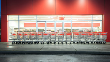 A line of empty shopping carts neatly stacked outside a supermarket entrance, waiting for customers under the bright store signage.の素材