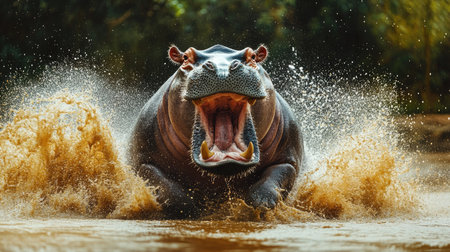 A dramatic shot of a hippo charging through water with its mouth wide open, splashing furiously as it moves toward the camera.の素材
