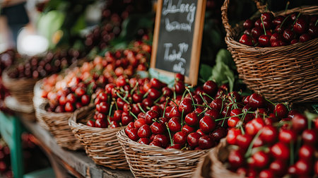 A market stall overflowing with ripe red cherries in baskets, with a handwritten price sign in the background.の素材