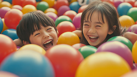 Siblings enjoying a game of hide-and-seek in a huge ball pit, colorful balls flying as they pop up and down in laughter-filled excitement.の素材