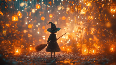 A child dressed as a witch holding a broomstick, with a backdrop of a haunted forest filled with glowing lanterns and spooky sounds.の素材