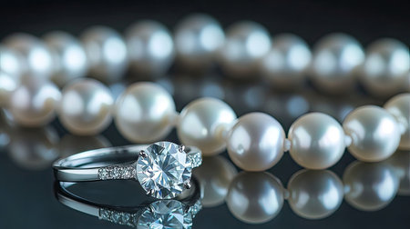 A luxurious string of natural pearls placed beside a diamond ring, representing wealth and elegance on a reflective surface.の素材