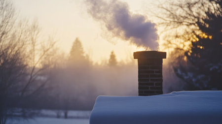 A dramatic shot of smoke billowing from a chimney against a snowy landscape, with soft light enhancing the serene winter scene.の素材