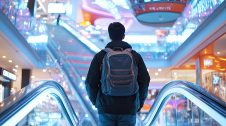 A young man riding an escalator in a brightly lit shopping center, carrying a backpack and looking around at the shops as he moves upwards.の素材