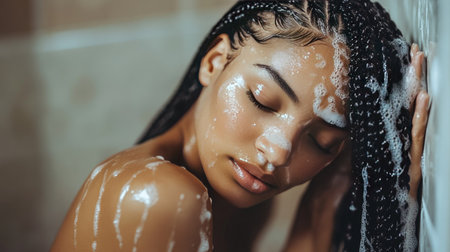 A stunning woman with braided hair washing it in a stylish bathroom, focusing on cleaning and caring for her delicate braids.の素材
