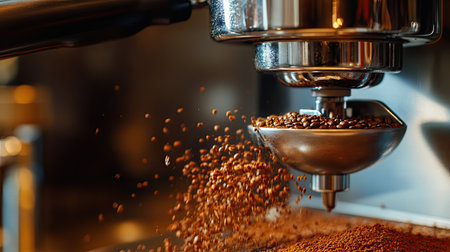 A dynamic shot of a coffee grinder in motion, with coffee grounds flowing into a portafilter, ready to create the perfect espresso.の素材