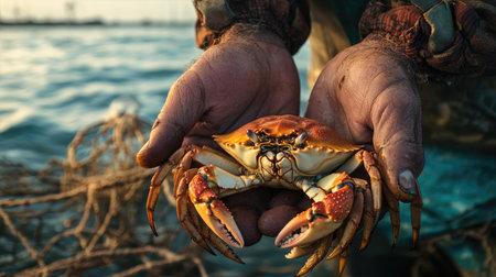 A fishermans hands holding a freshly caught crab with the ocean and fishing nets visible in the background.の素材