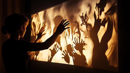 A person manipulating shadow puppets behind a screen, their silhouette and movements creating a captivating scene.の素材