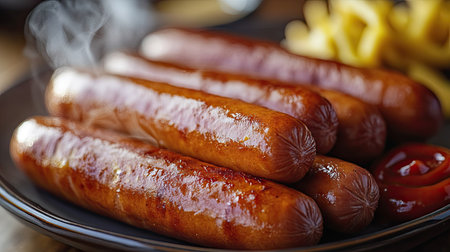 A plate of crispy fried hot dogs, served with a side of ketchup and mustard, with steam rising from the freshly cooked sausages.の素材