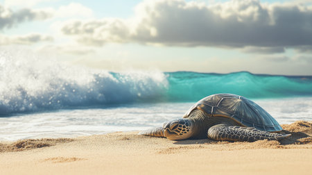 A turtle relaxing on a sandy beach, with waves gently crashing in the background as it soaks up the sunlight.の素材
