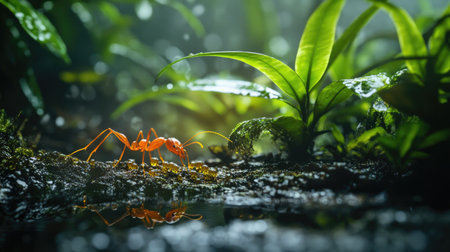 A weaver ant tending to larvae in a humid, green jungle environment, focusing on the delicate care of their young.の素材