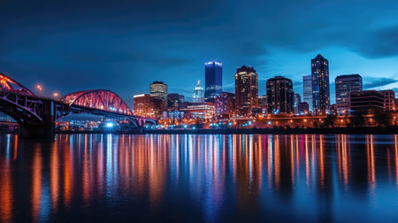 A view of the downtown skyline from across the water, showcasing the illuminated buildings and bridges, creating a stunning nighttime scene.の素材