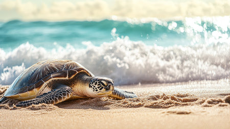 A turtle relaxing on a sandy beach, with waves gently crashing in the background as it soaks up the sunlight.の素材