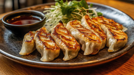 A plate of perfectly crispy fried gyoza arranged neatly with golden edges, served with a side of dipping sauce on a wooden table.の素材