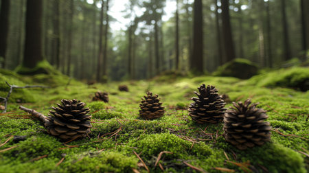 A mossy forest floor, with a few scattered pine cones and twigs, inviting exploration and discovery in a peaceful woodland setting.の素材