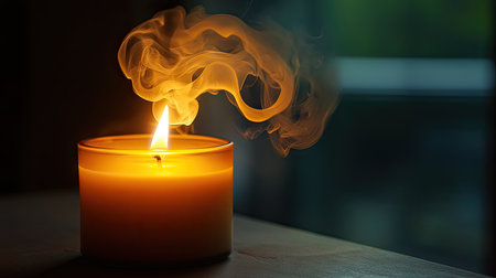 Smoke drifting from a candle, creating an enchanting effect as it catches the light and forms delicate shapes.の素材