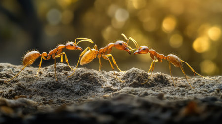 Weaver ants teaming up to hunt a larger insect, showing their impressive coordination and strength.の素材