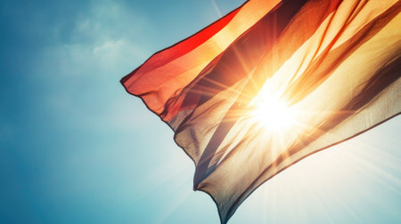 A close-up of a flag raised during a celebration, with bright sunlight shining through its fabric, against a backdrop of a perfectly clear sky.の素材