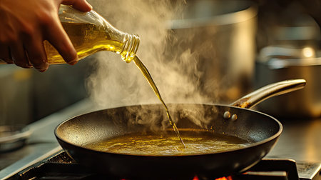 A chefs hand pouring a stream of oil into a hot skillet. The oil spreads and glistens, with steam rising as the pan heats up, setting the stage for a professional cooking process.の素材