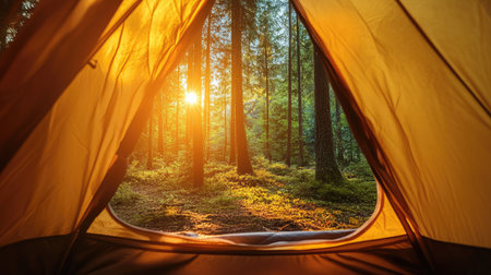 A close-up of a tent flap opening to reveal a dense, tranquil forest scene with soft sunlight illuminating the forest floor.の素材