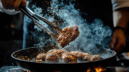 A chef flipping pork tenderloin on a BBQ pan, with tongs in hand, as smoke rises and spices are sprinkled across the meat.の素材