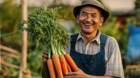 A farmer holding a bundle of fresh carrots with leafy tops, smiling against the backdrop of a vegetable garden. The vibrant colors reflect the freshness of the days harvest.の素材
