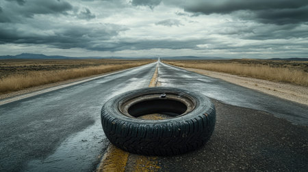 A dramatic image of a flat tire on the side of a highway, with the tire visibly deflated and resting awkwardly on the pavement. The road stretches off into the distance under a cloudy sky.の素材