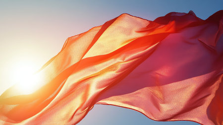 A close-up of a flag with its fabric rippling in the wind, backlit by the sun, creating a glowing effect in a vibrant, clear sky.の素材