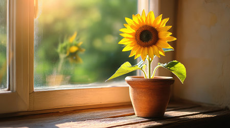 A close-up of a blooming sunflower in a rustic clay pot placed on a wooden windowsill. Soft morning sunlight streams through the window, casting a warm glow on the vibrant yellow petals.の素材