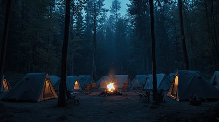 A group of tents arranged in a circle at a forest campsite, with a roaring campfire in the middle and the night sky just visible through the trees.の素材