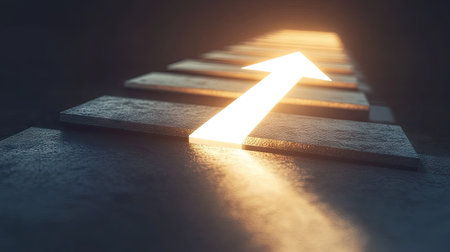 A glowing white arrow moving up a set of steps toward a radiant goal, each step illuminated, representing steady progress toward achieving a personal or professional milestone.の素材