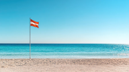 A flagpole on the beach with the flag swaying in the wind, set against a crystal-clear blue sky and the ocean sparkling in the distance.の素材