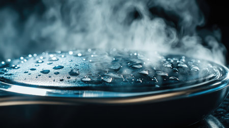 A detailed close-up of the hot plate of an electric iron, with steam rising from the surface. The texture and design of the plate are emphasized, showing the technology behind smooth ironing.の素材