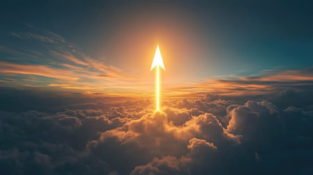 A glowing upward-pointing arrow cutting through dark clouds toward a bright, shining goal at the top. The arrow symbolizes growth and progress against a dramatic sky.の素材