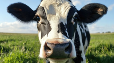 A close-up of a friendly dairy cow with large, gentle eyes looking directly into the camera. Its black-and-white coat is shiny in the sunlight, with a green pasture stretching out behind.の素材