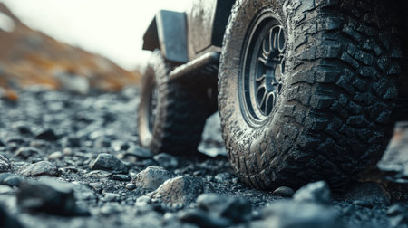 A close-up of an off-road vehicles tire climbing over a rocky terrain. The street transitions from gravel to paved, highlighting the versatility of the tire in both environments.の素材