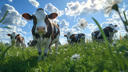 A group of friendly dairy cows grazing in a sunny meadow, with one cow standing out, approaching the camera with an inquisitive look. The others are peacefully eating grass.の素材