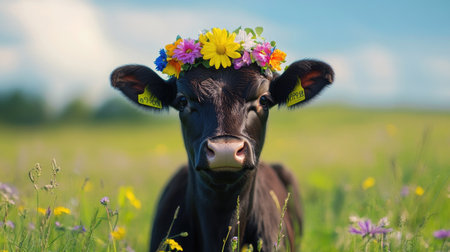 A friendly dairy cow with a vibrant flower crown on its head, standing in a meadow. The lighthearted and playful setting is complemented by bright flowers and green pastures.の素材
