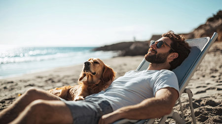 A man lying on a sunbed, enjoying the sun with his dog resting beside him, at a peaceful beach spot.の素材